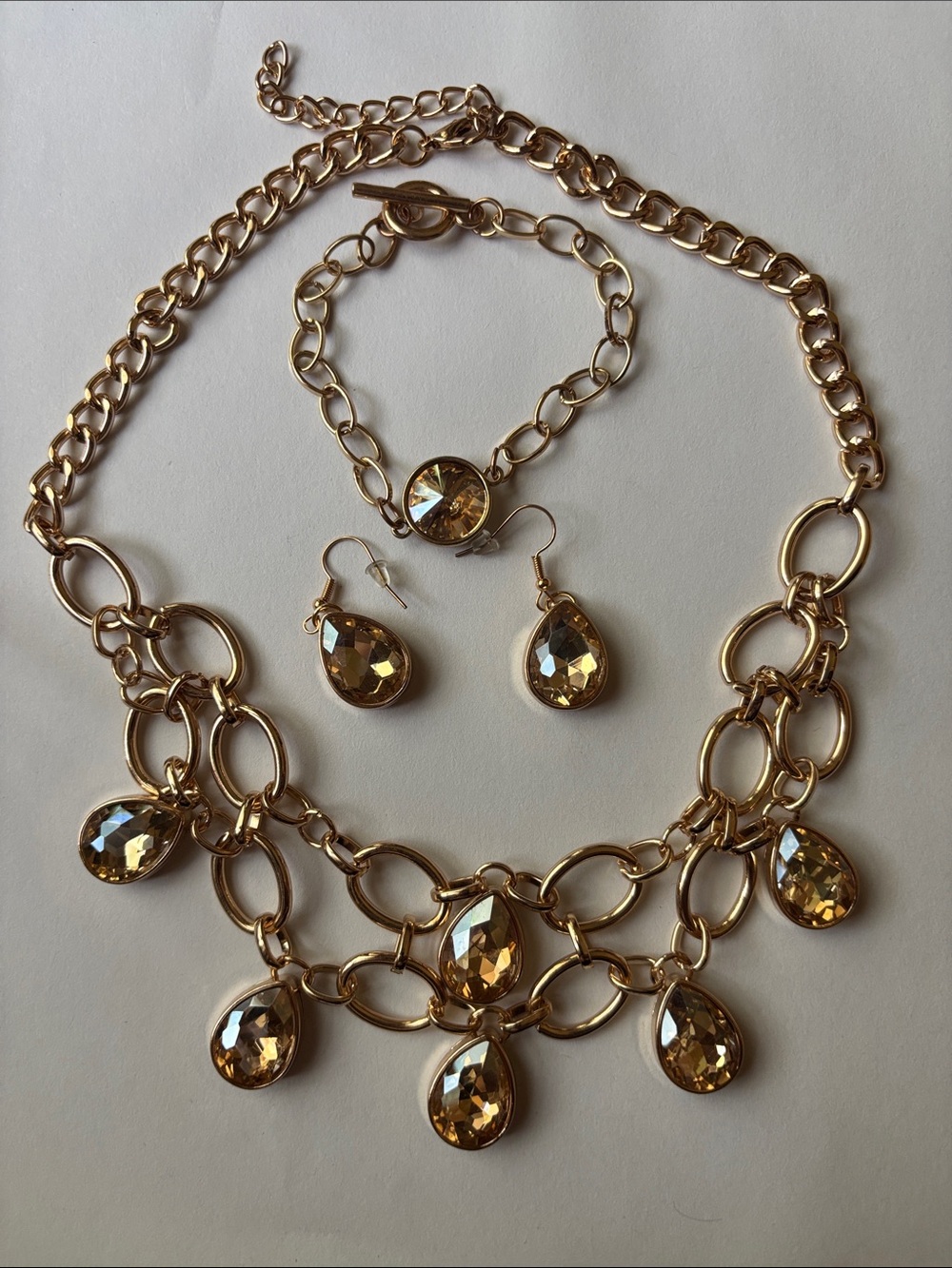 Gold Crystal Teardrop Necklace, Bracelet & Earring Set